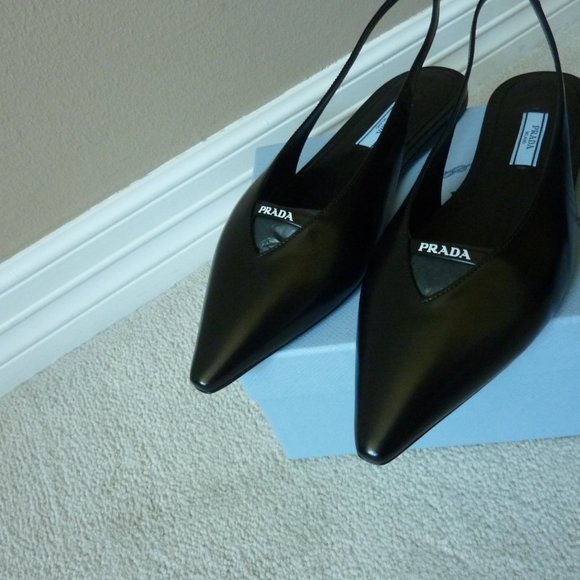Prada Brushed Leather Slingback Logo Detail Flats - Picture 4 of 13
